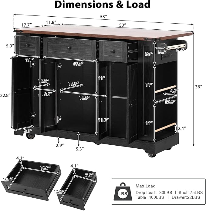 Merax 53'' Farmhouse Kitchen Island with 2 Tempered Glass Cabinet Doors, Power Outlet, Rolling Kitchen Storage Cart on Wheels with Drop Leaf, 5 Open Racks, 3 Drawers for Dining Room, Black