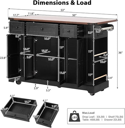 Merax 53'' Farmhouse Kitchen Island with 2 Tempered Glass Cabinet Doors, Power Outlet, Rolling Kitchen Storage Cart on Wheels with Drop Leaf, 5 Open Racks, 3 Drawers for Dining Room, Black
