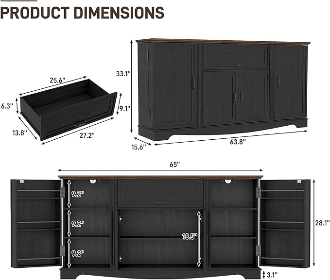 65" Sideboard Buffet Cabinet with Storage, Farmhouse Kitchen Pantries Sideboard Cabinets with Drawer, Wood Coffee Bar Cabinet with Adjustable Shelves, Storage Cabinets for Kitchen, Black