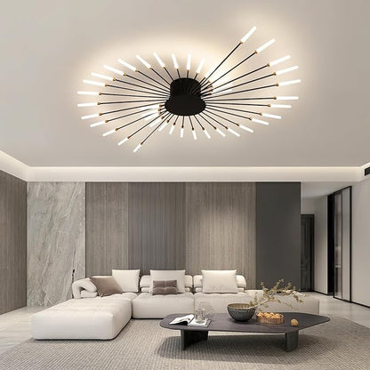 JAYMP 50.4“ Ceiling Light Modern Flower Shape Ceiling Lamp for Living Room Dining Room Flush Mount Metal Acrylic Sputnik Firework Petal LED Lighting Fixture (Matte Black, 42 Lights)