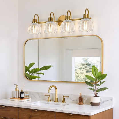 4-Light Bathroom Light Fixtures, 27" Brushed Gold Vanity Lights for Bathroom with Ribbed Clear Tulip Glass Shade, Vintage Bathroom Vanity Lighting Fixtures Over Mirror for Bedroom Living Room Hallway