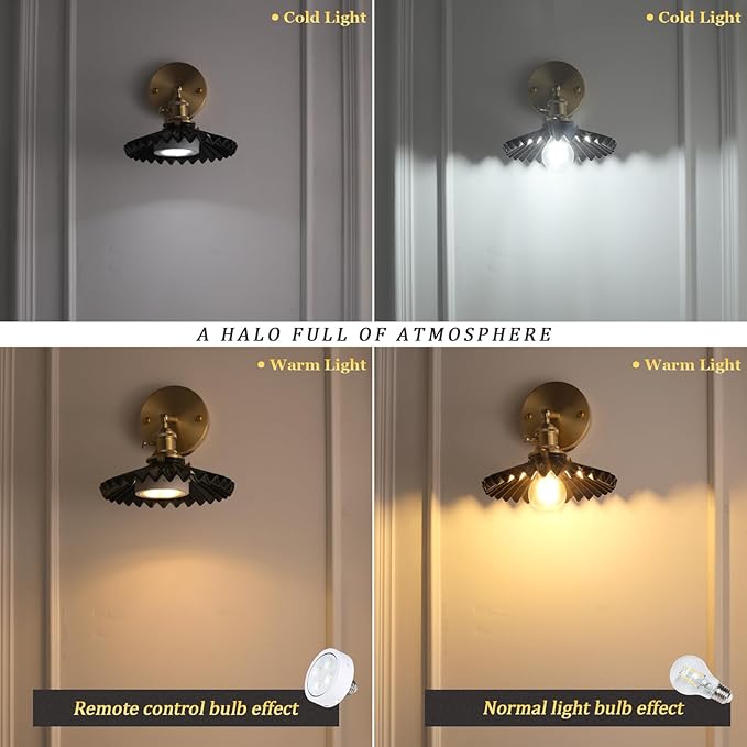 Shenmoyl Vintage Wall Sconce with Black Pleated Ceramic Lampshade 180 Degree Adjustable Brass Sconces Wall Lighting Fixture with Switch for Bedside Bedroom Doorway
