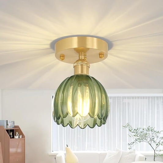 Shenmoyl Semi Flush Mount Vintage Lights - Gold Hallway & Porch, 4.72" Base Modern Ceiling Light Fixture, Green Tulip Glass, Bulb Included