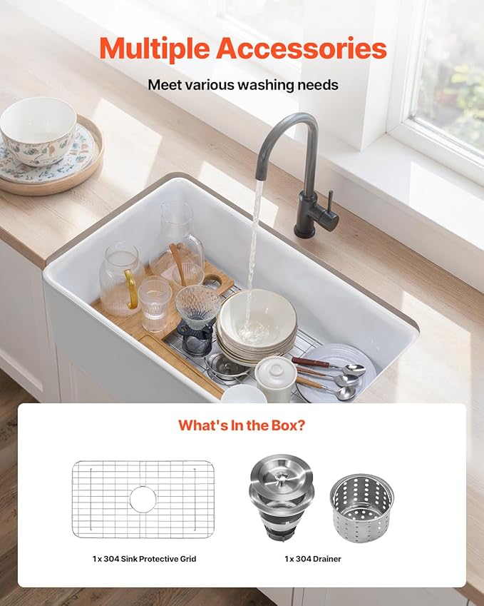 VEVOR 33x20 inch Farmhouse Sink, White Sink Workstation, Fireclay Undermount Basins, Apron Front Single Bowl Basin with Multiple Accessories, Large Capacity Household Dishwasher Sinks for Kitchen