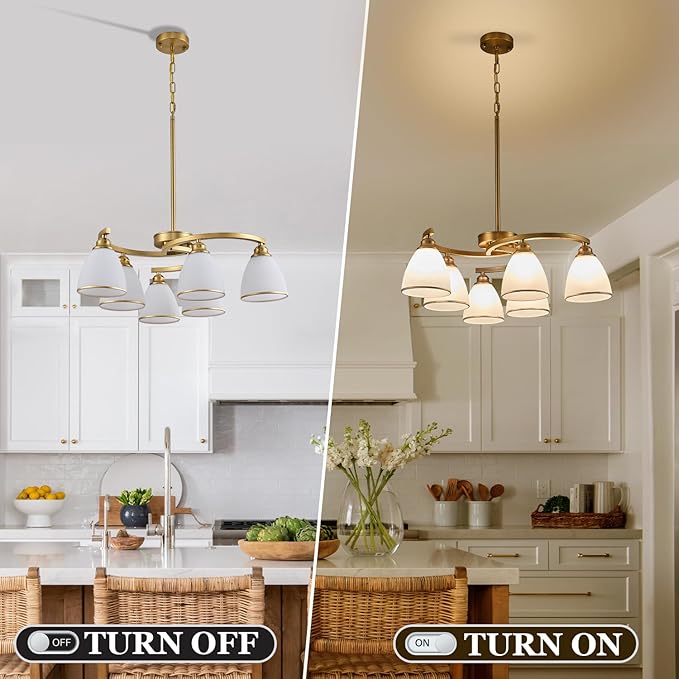 6-Light Modern Gold Chandeliers for Dining Room 59"Max Adjustable Height Farmhouse Pendant Light with Frosted Glass Shades, Metal Hanging Lamp for Kitchen Island, Dining Table, Entryway, Hallway