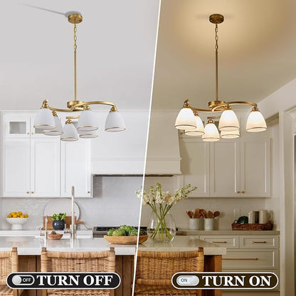 6-Light Modern Gold Chandeliers for Dining Room 59"Max Adjustable Height Farmhouse Pendant Light with Frosted Glass Shades, Metal Hanging Lamp for Kitchen Island, Dining Table, Entryway, Hallway