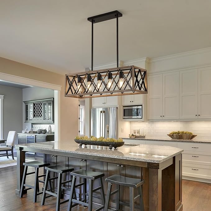 Farmhouse Dining Room Light Fixtures,Rustic Vintage Antique Linear Chandeliers for Dining Room,Kitchen Island,Bar,Office Coffee Shop,Oak White and black Adjustable Hanging Pendant Light 6-Lights