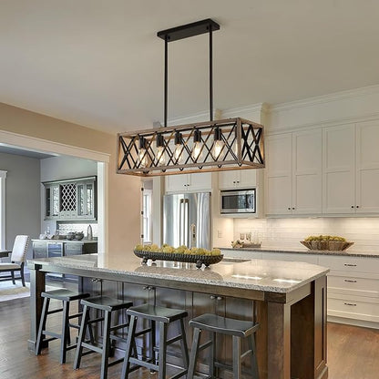 Farmhouse Dining Room Light Fixtures,Rustic Vintage Antique Linear Chandeliers for Dining Room,Kitchen Island,Bar,Office Coffee Shop,Oak White and black Adjustable Hanging Pendant Light 6-Lights