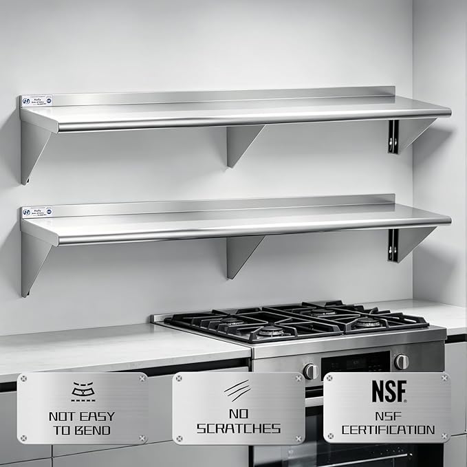 Hally Stainless Steel Shelf Wall Mounted Metal Shelf Wall Shelf 12 x 72 NSF Heavy Duty 345 lb Capacity, Commercial Wall Mounted Storage Rack for Kitchen, Garage, Laundry Room 2 Pack