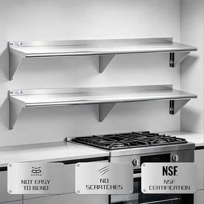 Hally Stainless Steel Shelf Wall Mounted Metal Shelf Wall Shelf 12 x 72 NSF Heavy Duty 345 lb Capacity, Commercial Wall Mounted Storage Rack for Kitchen, Garage, Laundry Room 2 Pack
