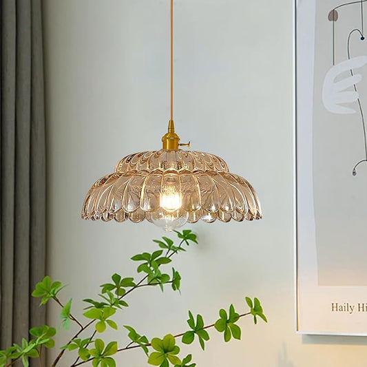 Pendant Light with Amber Striped Glass Lmapshade, Brass Vintage Pendant Light Adjustable Hanging Light for Kitchen Island Dining Room Hallway