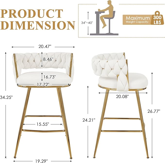 VECELO Bar Stools Set of 2, Counter Height Bar Stools, 26 inch Seat Barstools with Woven Back and Footrest for Kitchen Island Counter, White
