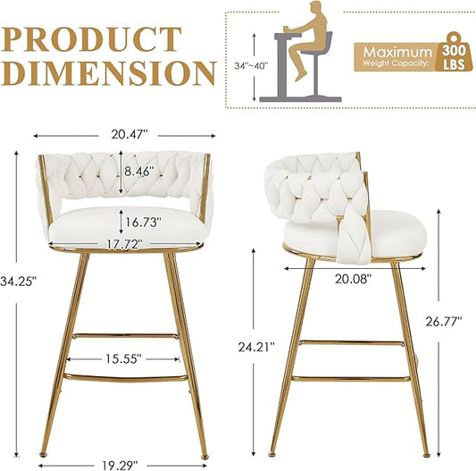 VECELO Bar Stools Set of 4, Counter Height Bar Stools, 26 inch Seat Barstools with Woven Back and Footrest for Kitchen Island Counter, White