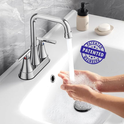 Bathroom Sink Faucet, Hurran 4 inch Chrome Bathroom Faucets for Sink 3 Hole with Pop-up Drain and Supply Lines, Stainless Steel 2-Handle Centerset Faucet for Bathroom Sink Vanity RV Restroom