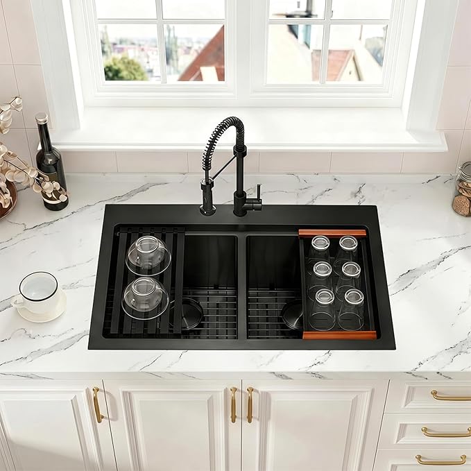 33 Inch Black Sink Drop-In Topmount Double Bowl, 16 Gauge 50/50 Double Bowl Stainless Steel Workstation Sink, 33" x 22" x 10" Large and Deep Kitchen Sink With Accessories