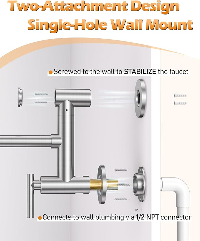Pot Filler Faucet Brushed Nickel: WOWOW Single Hole Wall Mount Stove Faucet, Brass Pot Filler Two Attachment with Double Joint Swing Arms
