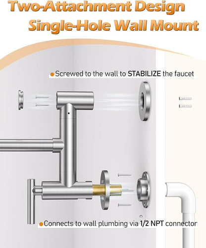 Pot Filler Faucet Brushed Nickel: WOWOW Single Hole Wall Mount Stove Faucet, Brass Pot Filler Two Attachment with Double Joint Swing Arms
