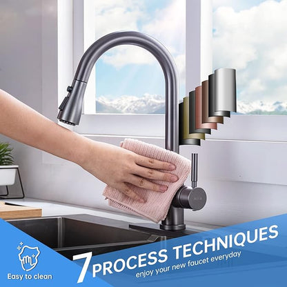 Black Stainless Kitchen Faucet, Arofa Gray Kitchen Faucet with Pull Down Sprayer Single Handle One Hole 3 Hole Commercial Rv Faucet for Kitchen Sink Gun Black