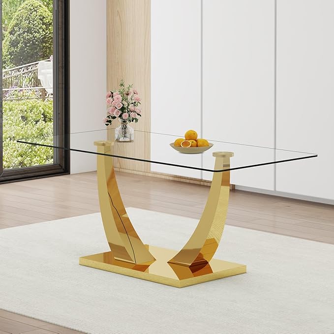 71” Glass Dining Table, Modern Dining Room Table for 6-8, Luxury Gold Kitchen Table with U-Shaped Metal Legs, 0.4” Tempered Glass Top for Elegant Dining Room Spaces