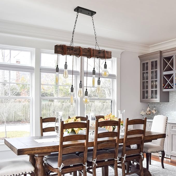 SEEBLEN 8-Lights Farmhouse Kitchen Island Pendant Light, Rustic Wood Chandeliers for Dining Room,Height Adjustable Island Light,Dining Room Bar Restaurant Cafe Pool Table.