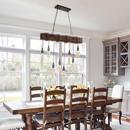 SEEBLEN 8-Lights Farmhouse Kitchen Island Pendant Light, Rustic Wood Chandeliers for Dining Room,Height Adjustable Island Light,Dining Room Bar Restaurant Cafe Pool Table.