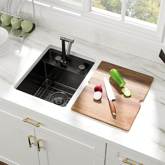 15x18 Inch Outdoor Sink Black Undermount RV Sink Workstation NANO PVD 16 Gauge Stainless Steel Single Bowl Handmade Outdoor Kitchen Sinks With Folding Faucet 15"x18"x9"
