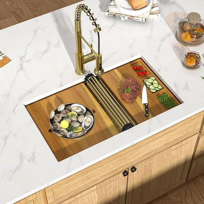 32 Gold Undermount Kitchen Sink - Workstation All-In One 32x19 Gold 16 Gauge Stainless Steel Under Counter Single Bowl Sink for Kitchen with Mixing Board and Pasta Strainer #TLU-0049