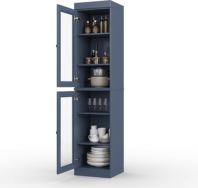 Palace Imports Solid Wood Kitchen Pantry Cabinet w/Glass Doors - Narrow Storage Cabinet - 16.5" Wide x 71.5" Tall - Antique Blue, Adjustable Shelves, 100% Eco-Friendly Wood, Modular Cabinets