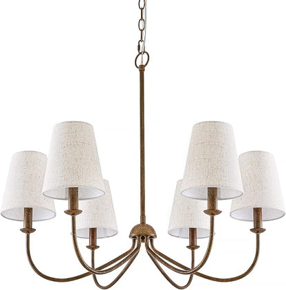 Chandelier, Retro Antique Brown with White Beige Fabric Shade, 6-Light 28" Country Rustic Farmhouse Linear Pendant Lighting Fixture for Kitchen Island Dining Living Room Bedroom