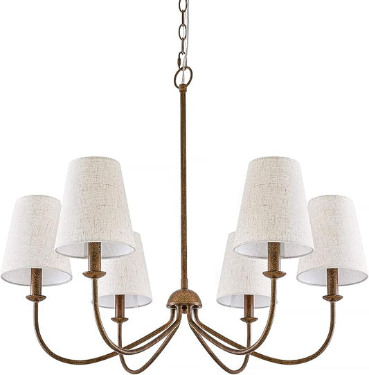 Chandelier, Retro Antique Brown with White Beige Fabric Shade, 6-Light 28" Country Rustic Farmhouse Linear Pendant Lighting Fixture for Kitchen Island Dining Living Room Bedroom