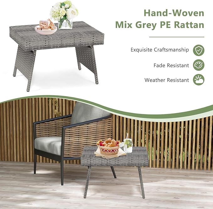 ReunionG Outdoor Patio Wicker Table, Portable Folding Table with Rattan and Steel Frame, Leisure Coffee Table, All Weather Standing Side Table for Lawn Garden, Courtyard, Poolside (Grey)
