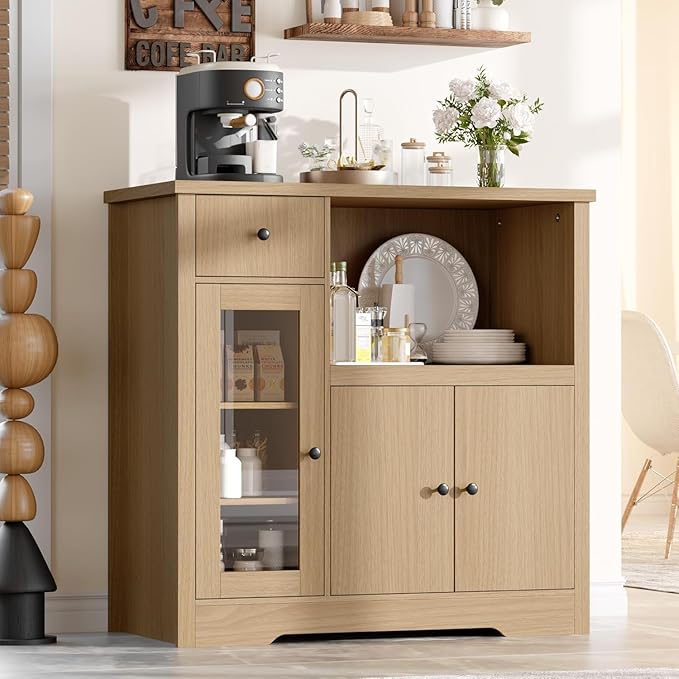 Storage Cabinet with Adjustable Shelves & Microwave Stand, Buffet Sideboard with Drawer, Single and Double Doors for Kitchen, Dining Room, Natural