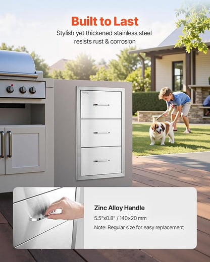 VEVOR Outdoor Kitchen Drawers 17W x 30H x 21D Inch, Outdoor Kitchen Cabinets, Stainless Steel Double Access Drawers, with Paper Towel Holder, Combo for BBQ Island Drawers or Grill Station