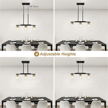3-Light Kitchen Island Lighting,Dining Room Lights Modern Farmhouse Chandelier with Clear Glass Shade,Modern Rustic Black and Gold Metal Chandelier, Kitchen Pendant Light Fixtures Over Table