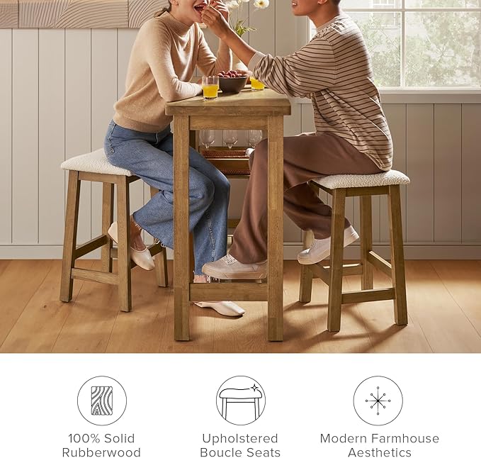 mopio Kelly Solid Wood Counter Table Set with 2 Boucle Stools, 3-Piece Small Dining Kitchen Island Table Set for 2, with Storage Shelves, for Living Room, Dining Room, Kitchen
