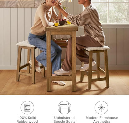 mopio Kelly Solid Wood Counter Table Set with 2 Boucle Stools, 3-Piece Small Dining Kitchen Island Table Set for 2, with Storage Shelves, for Living Room, Dining Room, Kitchen
