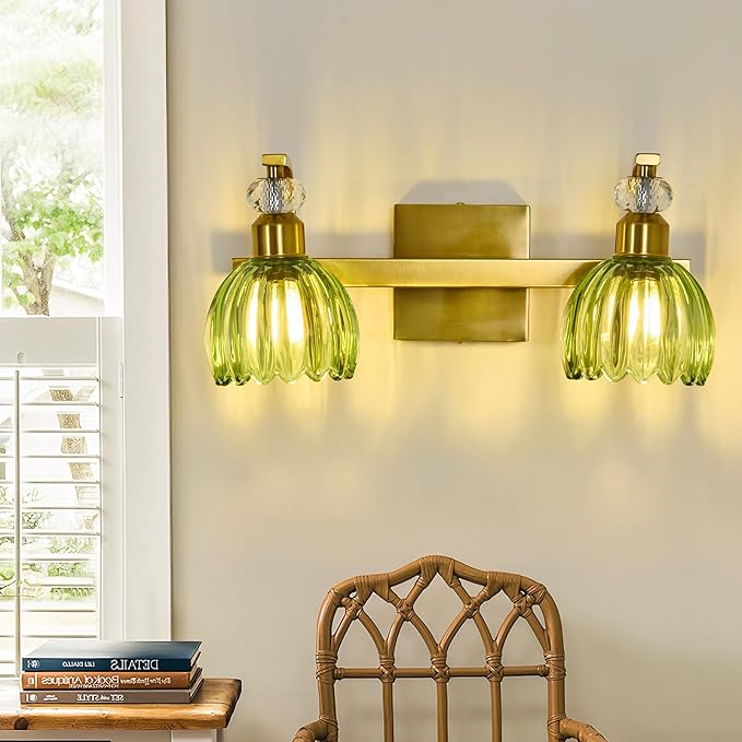 Vintage Gold Vanity Light 2 Lights Bathroom Lighting Fixture with Green Tulip Glass Shade Antique Brass Vanity Lights Over Mirror for Kitchen Bedroom Living Room Farmhouse