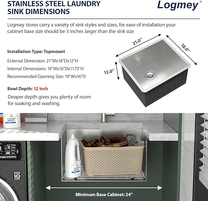 Logmey 21x18 Undermount Laundry Sink 21 Inch Laundry Room 12" Deep Sinks Handmade 16 Gauge Heavy Duty Stainless Steel Large Capacity Utility Washing Tub for Home & Commercial Use