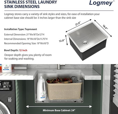 Logmey 21x18 Undermount Laundry Sink 21 Inch Laundry Room 12" Deep Sinks Handmade 16 Gauge Heavy Duty Stainless Steel Large Capacity Utility Washing Tub for Home & Commercial Use