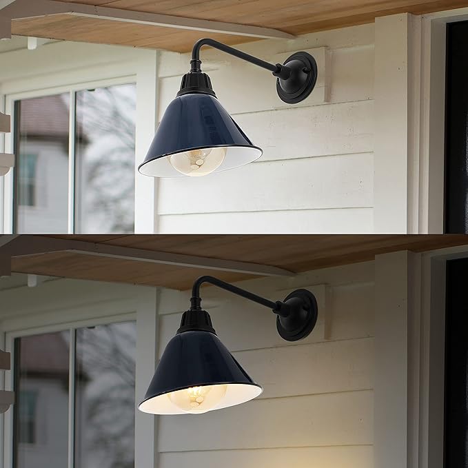 JONATHAN Y 9.63" Navy/Black 1-Light Farmhouse Outdoor Sconce, Industrial LED Wall Light, Gooseneck Arm Barn Lamp with Metal Bell Shade for Porch, Patio, Kitchen, LED Bulb Included (JYL7612C)