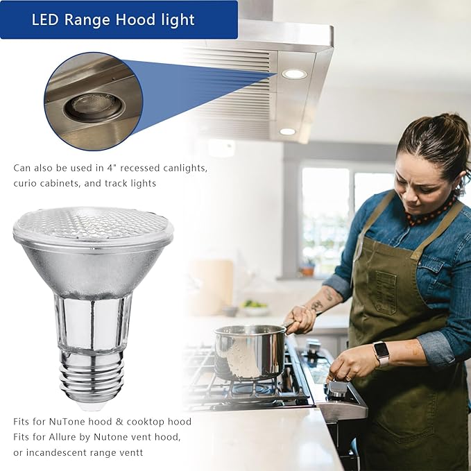 PAR20 7W LED Range Hood Light,E26 120V Dimmable Warm White 595lm, Waterproof IP65, Replacement 50W Halogen Cup. Spot Bulbs for Kitchen Appliances, Track Lighting, Outdoor Landscaping 2 Pack