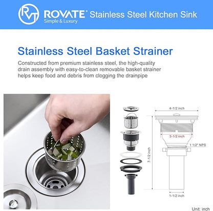 ROVATE 24 x 18 inch Drop-in Kitchen Sink Single Bowl, Topmount Stainless Steel Sink with1 Hole, Handmade Overmount Kitchen or Bar Sinks with Basket Strainer