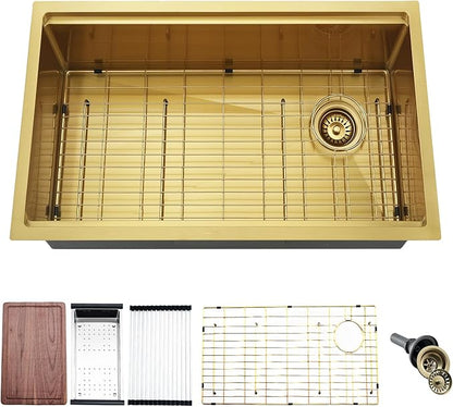 Gold Kitchen Sink Undermount, 33 x 19 Inch Gold Undermount Kitchen Sink Workstation Single Bowl 16 Gauge Stainless Steel Sink with Drain