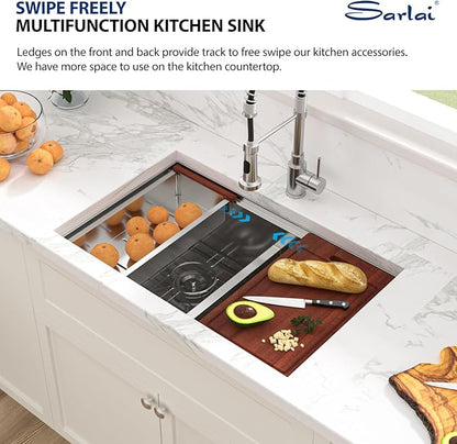Sarlai 28 Undermount Kitchen Sink Double Bowl - 28x19 Inch Undermount Sink Stainless Steel 16 Gauge Ledge Workstation Sinks Low Divide 50/50 Double Basin Under Counter Kitchen Sinks