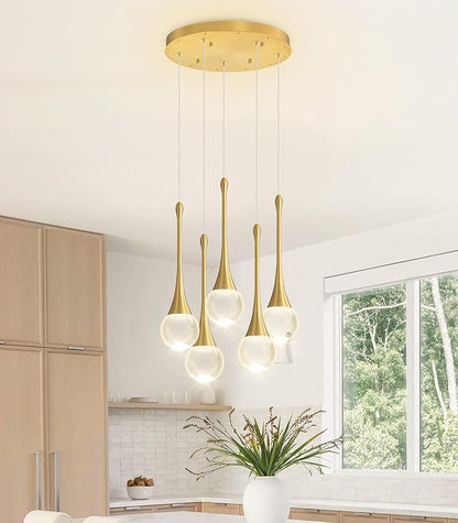Crystal Chandelier for Dining Room Glam 5 Light Cluster Crystal Pendant Light Dimmable LED Chandeliers for Kitchen Island Living Room Gold