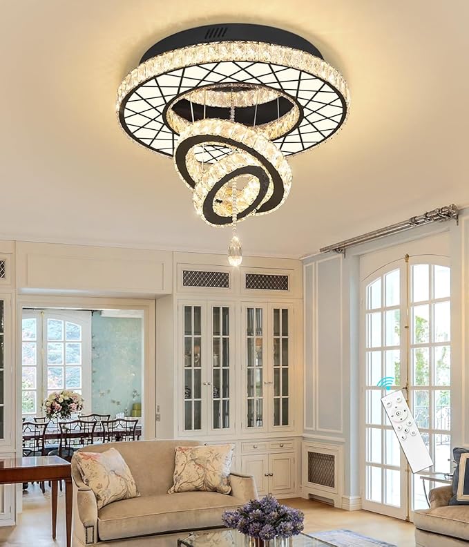 HAIXIANG LED Chandelier Modern Ceiling Dimmable Light Fixture Crystal Chandelier for Bedroom Dining Room Black