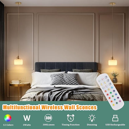Shenmoyl Battery Operated Pendant Light 5000mAh Rechargeable Chandelier with Remote Control Wireless Adjustable Hanging White Striped Light for Kitchen Island Dining Room Hallway