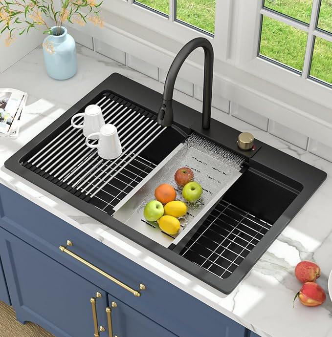 Lordear Black Waterfall Kitchen Sink Granite Composite 33x22 Drop In Kitchen Sinks Black Quartz Composite Single Bowl Multifunctional Workstation Topmount Sink with Pull Out Faucet