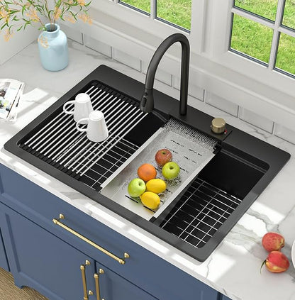Lordear Black Waterfall Kitchen Sink Granite Composite 33x22 Drop In Kitchen Sinks Black Quartz Composite Single Bowl Multifunctional Workstation Topmount Sink with Pull Out Faucet