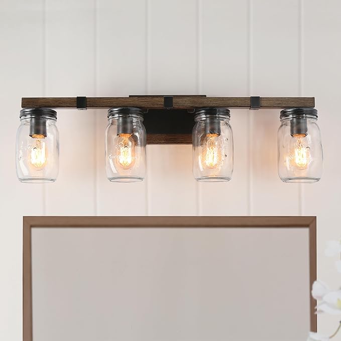 LOG BARN Rustic Bathroom Vanity Light with Mason Jar Glass, Farmhouse 4-Light Sconces Wall Lighting, Faux-Wood Finish, 29 inches